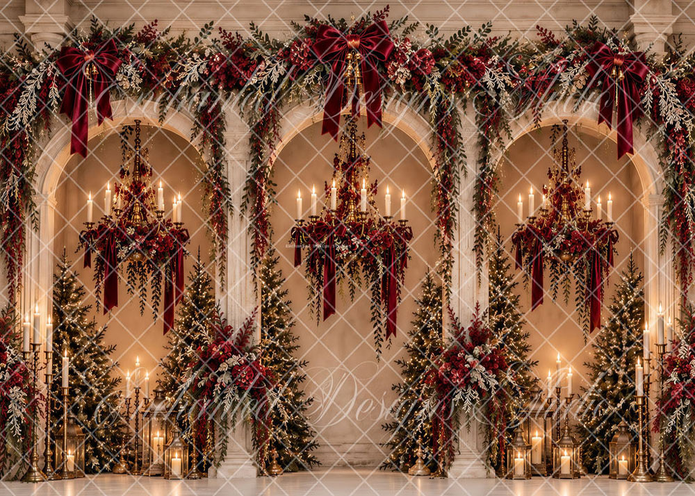 Avezano Burgundy Arch Chandelier Christmas Floral Backdrop Designed By Enchanted Design Studio
