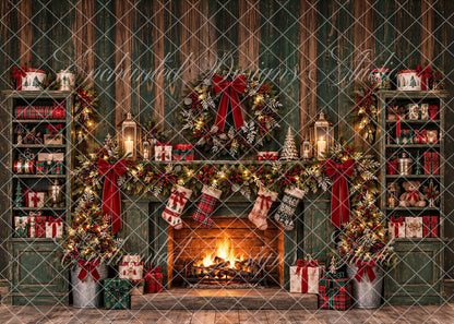 Avezano Green Wood Christmas Fireplace With Stockings Backdrop Designed By Enchanted Design Studio