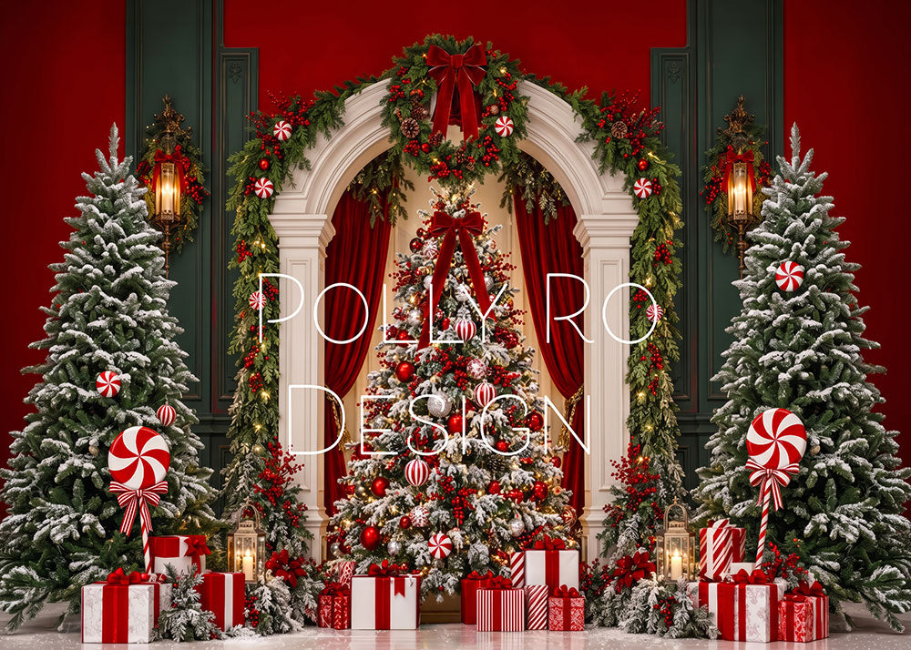 Avezano Archway Red Velvet Curtain Christmas Tree Photography Backdrop Designed By Polly Ro Design