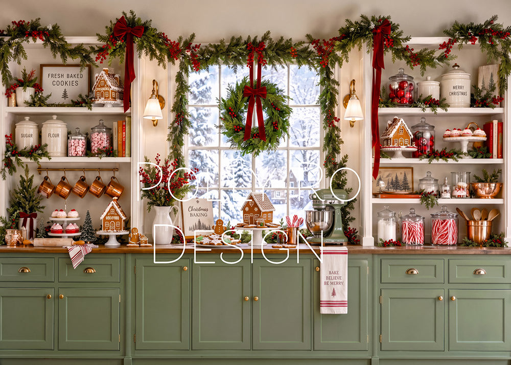 Avezano Green Kitchen Gingerbread Cookie Christmas Photography Backdrop Designed By Polly Ro Design