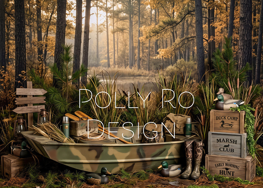 Avezano Duck Hunting Forest Marsh Boat Scene Photography Backdrop Designed By Polly Ro Design