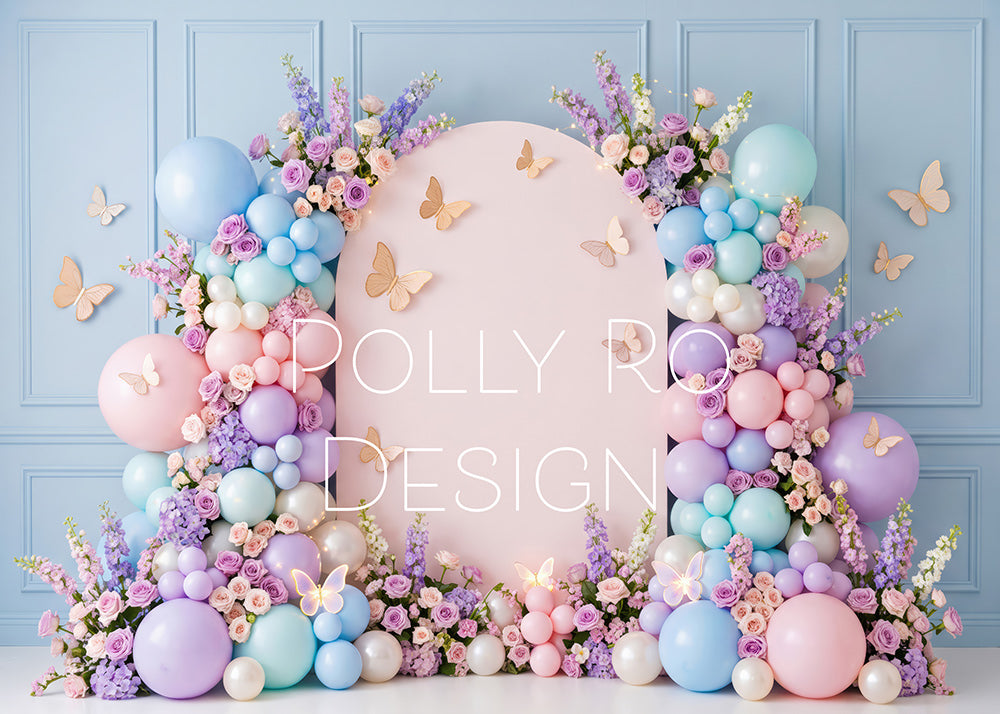 Avezano Pastel Butterfly Floral Balloon Arch Photography Backdrop Designed By Polly Ro Design