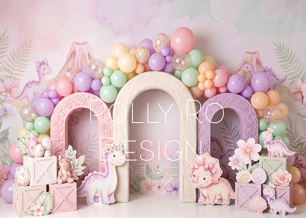 Avezano Cute Pink Dinosaur Floral Balloon Arch Photography Backdrop Designed By Polly Ro Design
