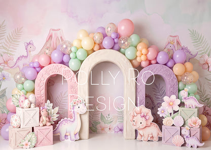 Avezano Cute Pink Dinosaur Floral Balloon Arch Photography Backdrop Designed By Polly Ro Design