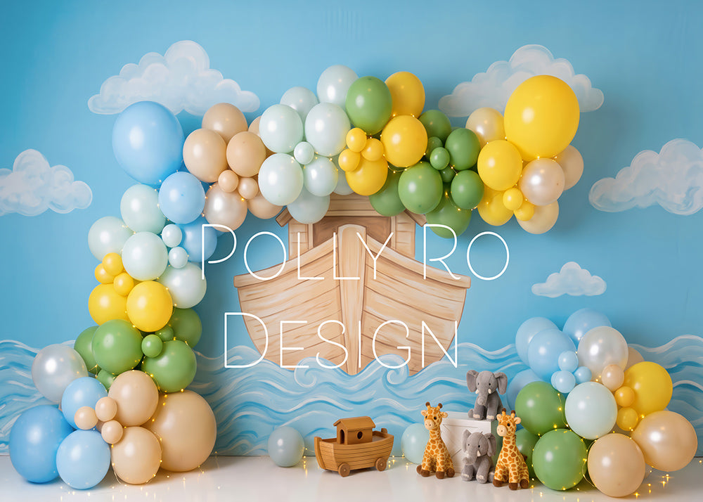 Avezano Noahs Ark Animal Blue Wave Balloon Photography Backdrop Designed By Polly Ro Design