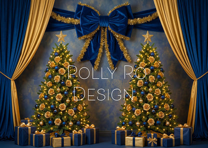 Avezano Navy Blue Gold Curtain Christmas Tree Gift Photography Backdrop Designed By Polly Ro Design