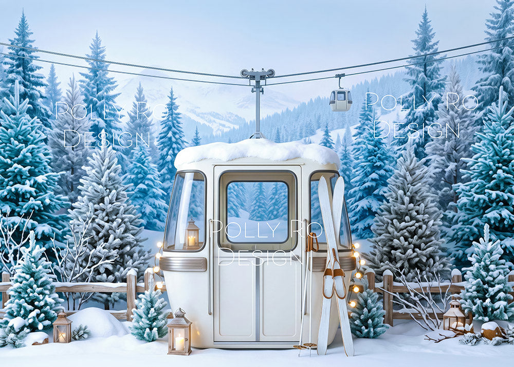 Avezano Ski Cable Car Snowy Pine Mountain Photography Backdrop Designed By Polly Ro Design