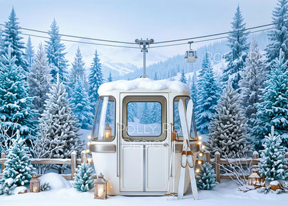 Avezano Ski Cable Car Snowy Pine Mountain Photography Backdrop Designed By Polly Ro Design