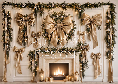 Avezano Gold Bow Fireplace Christmas Photography Backdrop Designed By Polly Ro Design