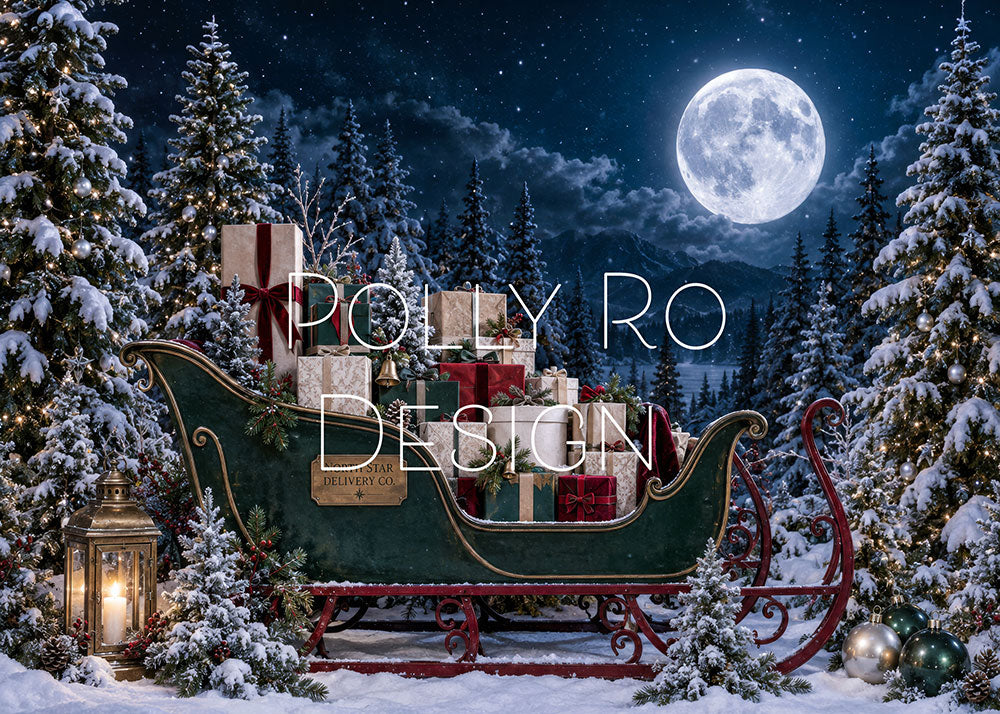 Avezano Santa Sleigh Moon Night Snow Forest Photography Backdrop Designed By Polly Ro Design