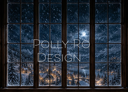 Avezano Snowy Village Window Night View Photography Backdrop Designed By Polly Ro Design