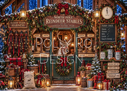 Avezano North Pole Reindeer Stable Christmas Photography Backdrop Designed By Polly Ro Design
