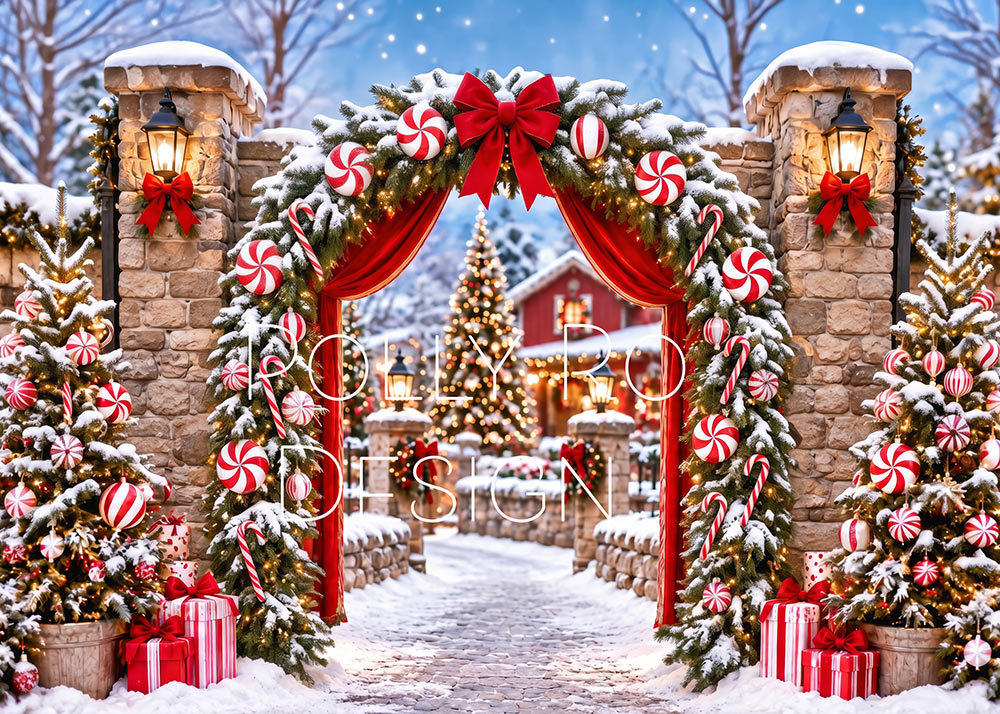 Avezano Candy Cane Stone Arch Snowy Christmas Photography Backdrop Designed By Polly Ro Design