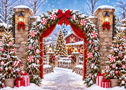 Avezano Candy Cane Stone Arch Snowy Christmas Photography Backdrop Designed By Polly Ro Design