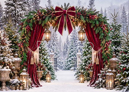 Avezano Burgundy Bow Pine Arch Snow Forest Christmas Photography Backdrop Designed By Polly Ro Design