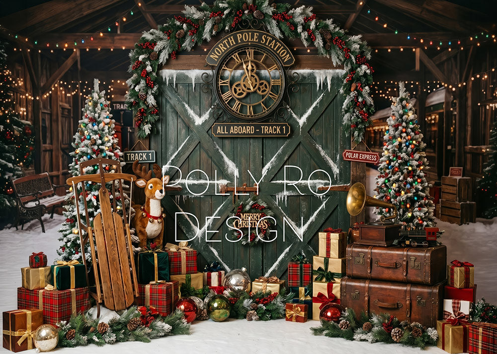 Avezano North Pole Station Barn Door Christmas Photography Backdrop Designed By Polly Ro Design