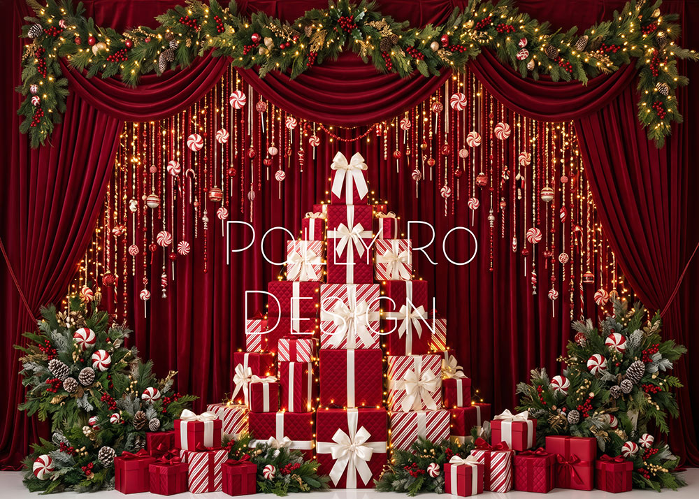 Avezano Red Curtain Gift Tower Peppermint Christmas Photography Backdrop Designed By Polly Ro Design