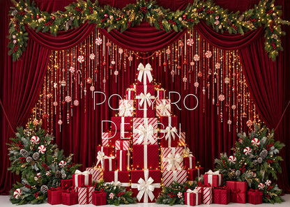 Avezano Red Curtain Gift Tower Peppermint Christmas Photography Backdrop Designed By Polly Ro Design