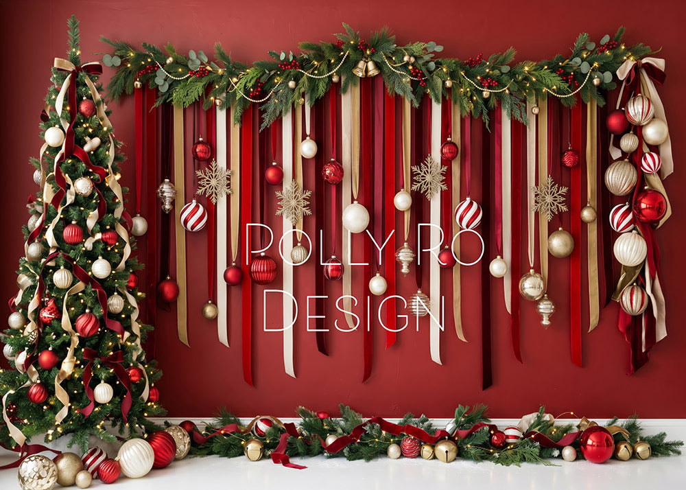 Avezano Red Wall Ribbon Garland Xmas Tree Photography Backdrop Designed By Polly Ro Design