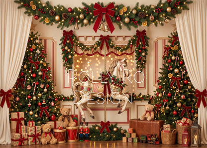 Avezano Classic Carousel Teddy Bear Christmas Interior Photography Backdrop Designed By Polly Ro Design