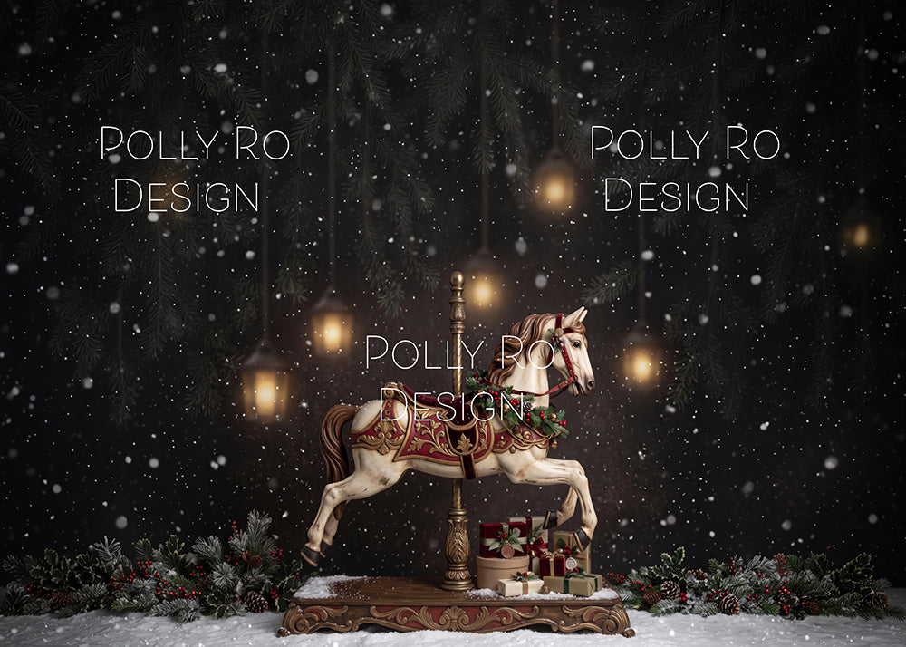 Avezano Dark Snowy Carousel Horse Christmas Lantern Photography Backdrop Designed By Polly Ro Design