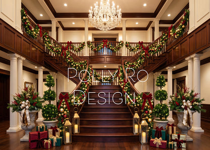 Avezano Luxury Wooden Staircase Christmas Garland Photography Backdrop Designed By Polly Ro Design