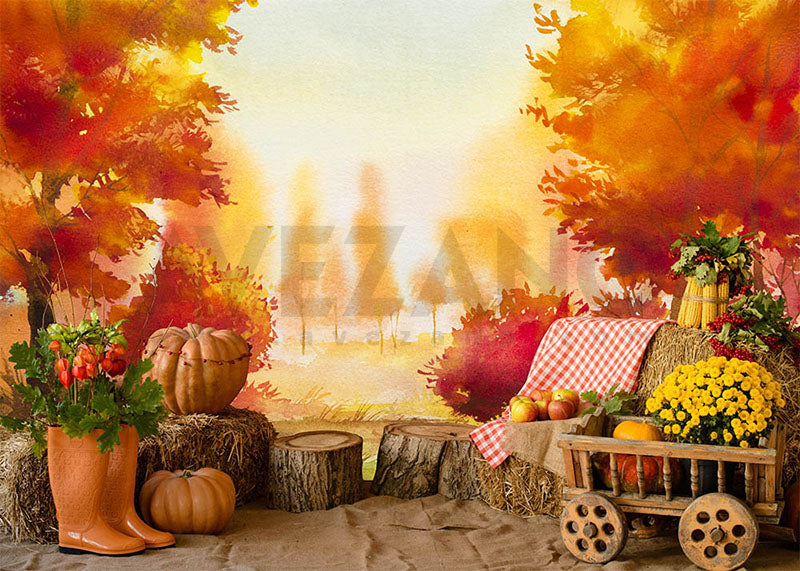 Avezano Fall Halloween Maple Trees and Wood flooring 2 pcs Set Backdrop