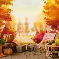 Avezano Fall Halloween Maple Trees and Wood flooring 2 pcs Set Backdrop