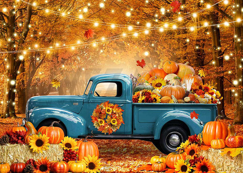 Avezano Autumn Thanksgiving Maple Forest Blue Truck Photography Backdrop-AVEZANO