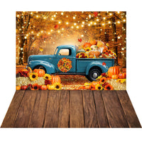 Avezano Fall Halloween Blue Truck 2 pcs Set Backdrop