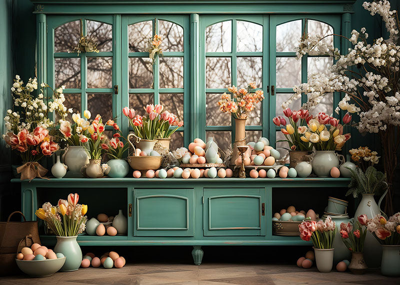 Avezano Spring Easter Egg Blue Window and Flower Photography Backdrop
