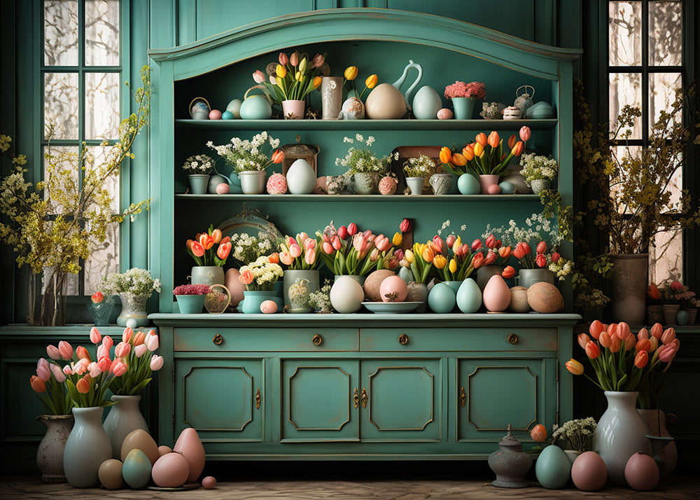 Avezano Easter Green Cabinet and Flowers 2 pcs Set Backdrop