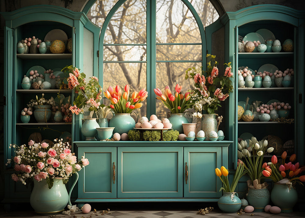 Avezano Easter Green Cabinet and Window Flowers 2 pcs Set Backdrop