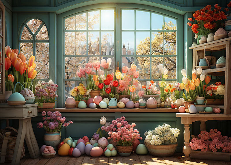 Avezano Spring Sunshine Décoration de rebord de fenêtre de Pâques en forme de fleur Toile de fond pour photographie 