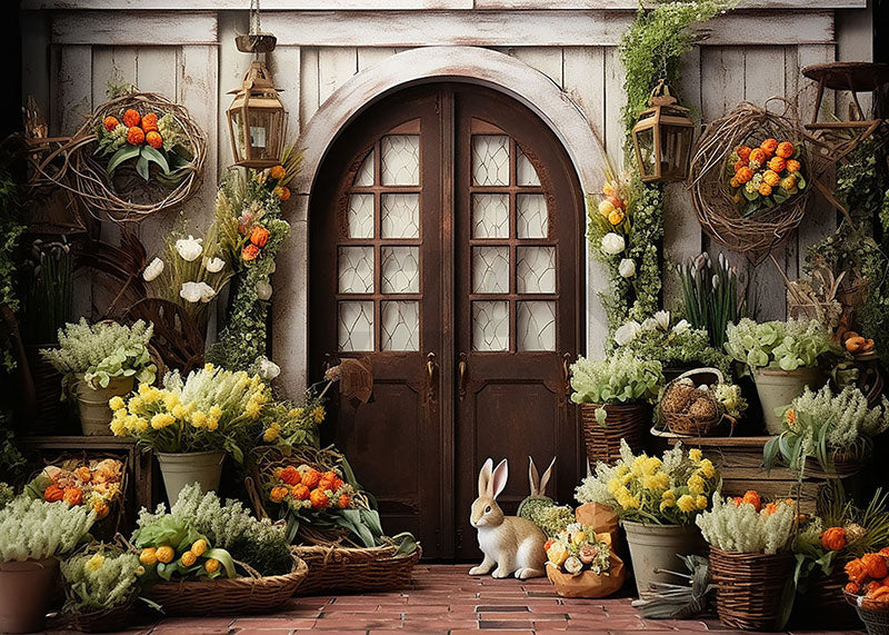 Avezano Spring Easter Potted Plants and Bunny Decoration Photography Backdrop