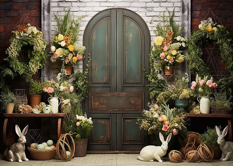 Avezano Spring Easter Retro Green Door and Green Plants Decoration Photography Backdrop