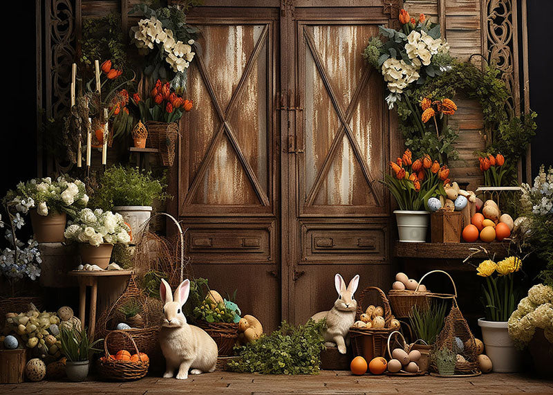 Avezano Spring Easter Retro Door and Rabbit and Flowers Photography Backdrop