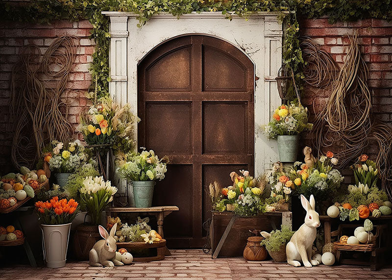 Avezano Spring Easter Iron Gate and Rabbit and Flowers Photography Backdrop