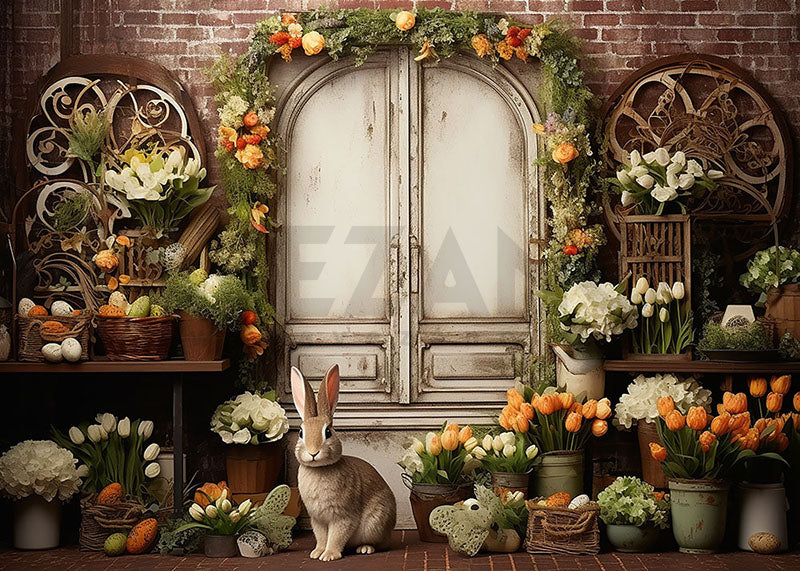 Avezano Spring Easter White Door and Rabbit and Flowers Photography Backdrop