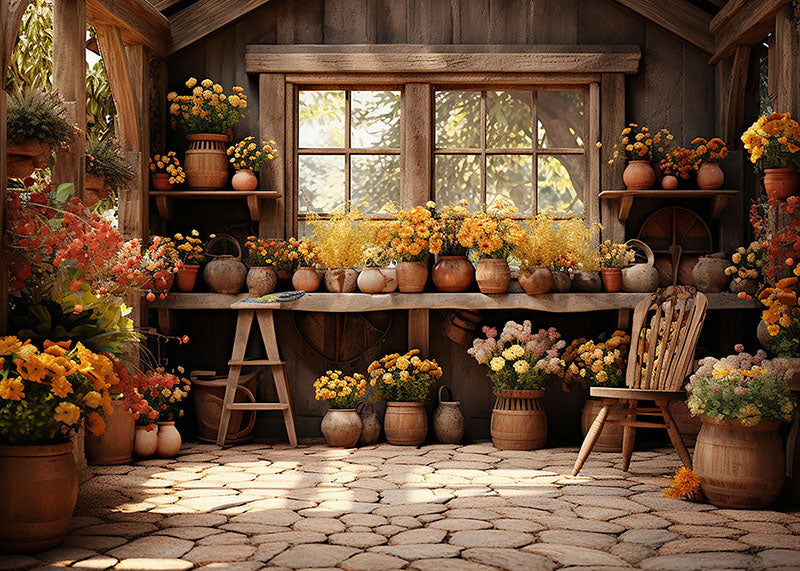 Avezano Spring Retro Wooden House and Sunflower Pots Photography Backdrop