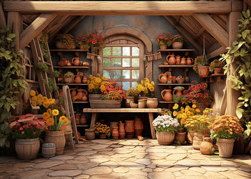 Avezano Spring Retro Wooden House and Planted Flowers Photography Backdrop