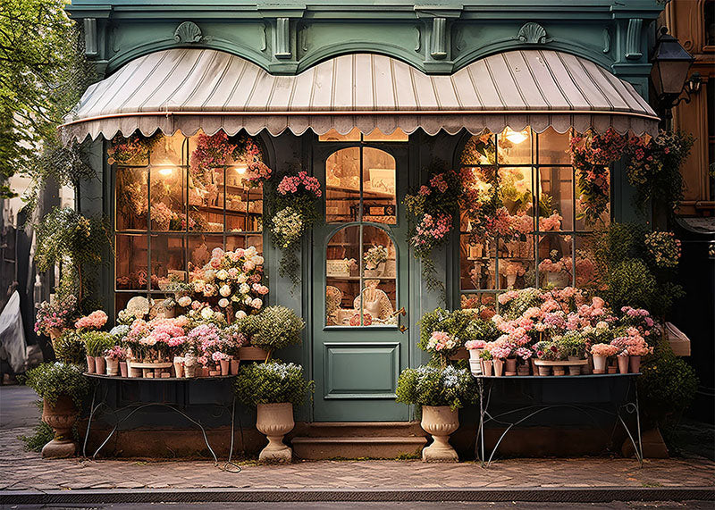 Avezano Spring Flowers and Light Green Shops Photography Backdrop