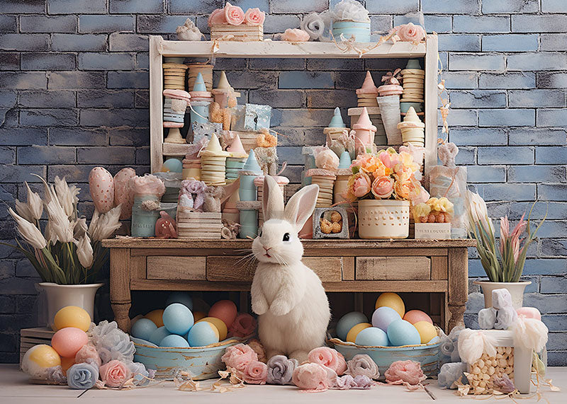 Avezano Easter Ornaments on Blue Brick Wall Photography Backdrop
