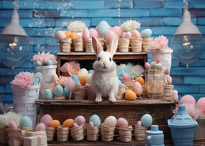 Avezano Easter Bunny and Blue Brick Wall Photography Backdrop