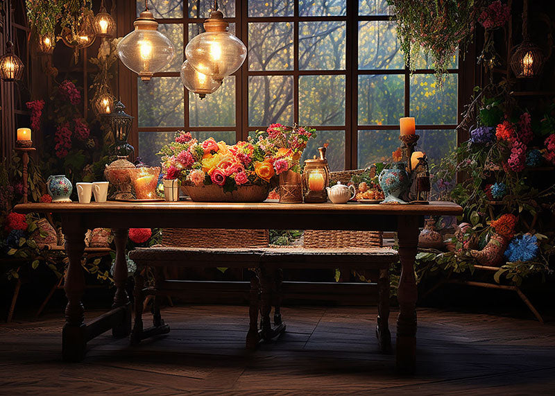Avezano Spring Indoor Wooden Table and Flowers Photography Backdrop