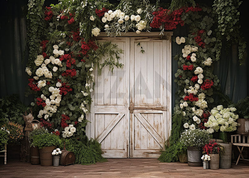 Avezano Spring Flowers and White Wooden Door Photography Backdrop