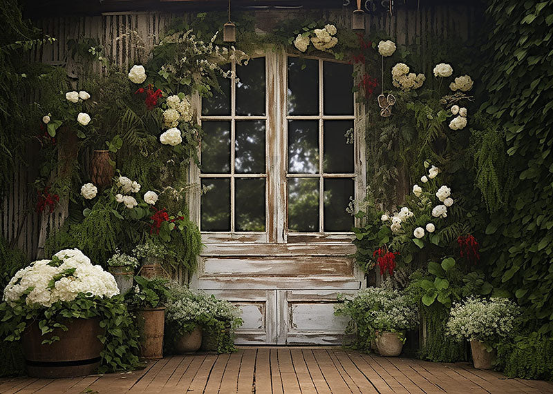 Avezano Spring Flowers and Old Wooden Door Photography Backdrop