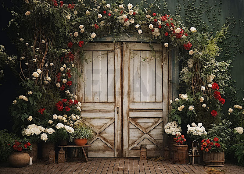 Avezano Spring Flowers and Wooden Door Photography Backdrop