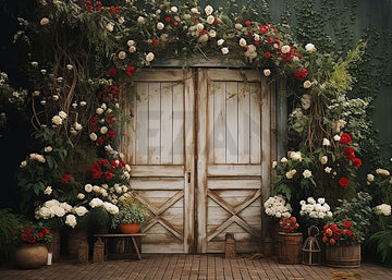 Avezano Spring Flowers and Wooden Door Photography Backdrop