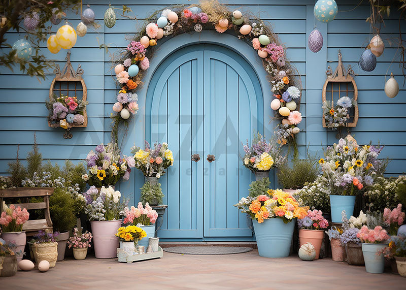 Avezano Spring Easter Blue Wooden Door and Flower Photography Backdrop